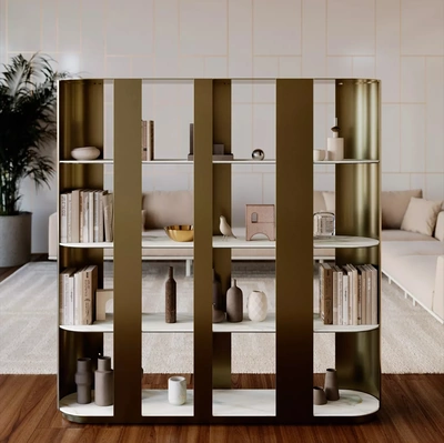 Libreria divisoria Helena in metallo laccato con ripiani in SuperMarmo di Bontempi