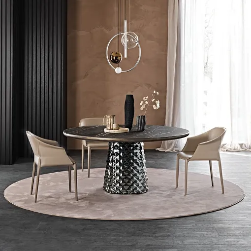 Tavolo con base in cristallo specchiato e piano in ceramica Atrium Keramik Premium Round di Cattelan Italia