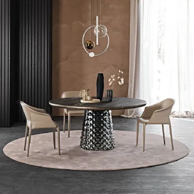 Tavolo con base in cristallo specchiato e piano in ceramica Atrium Keramik Premium Round di Cattelan Italia