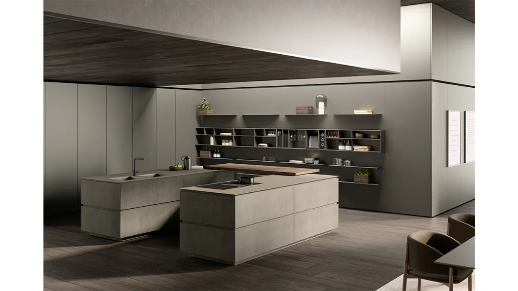 Cucina Design con doppia isola Obliqua 02 in biomalta Grigio Siliceo di Ernestomeda
