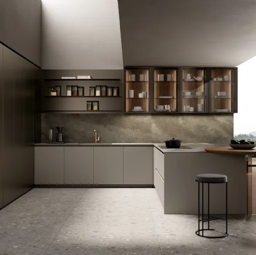Cucina Design con penisola One 03 in alluminio laccato effetto metallo di Ernestomeda