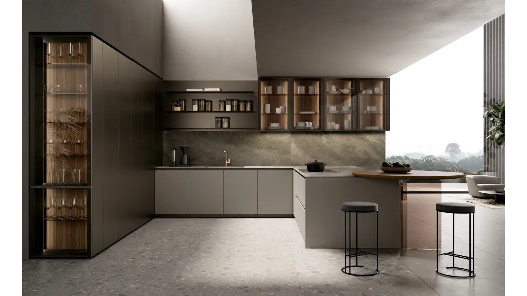 Cucina Design con penisola One 03 in alluminio laccato effetto metallo di Ernestomeda