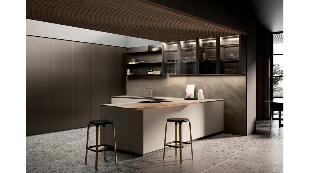 Cucina Design con penisola One 03 in laccato Zero Gloss Limo di Ernestomeda
