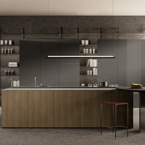 Cucina Design in laccato lucido con isola in legno One 06 di Ernestomeda