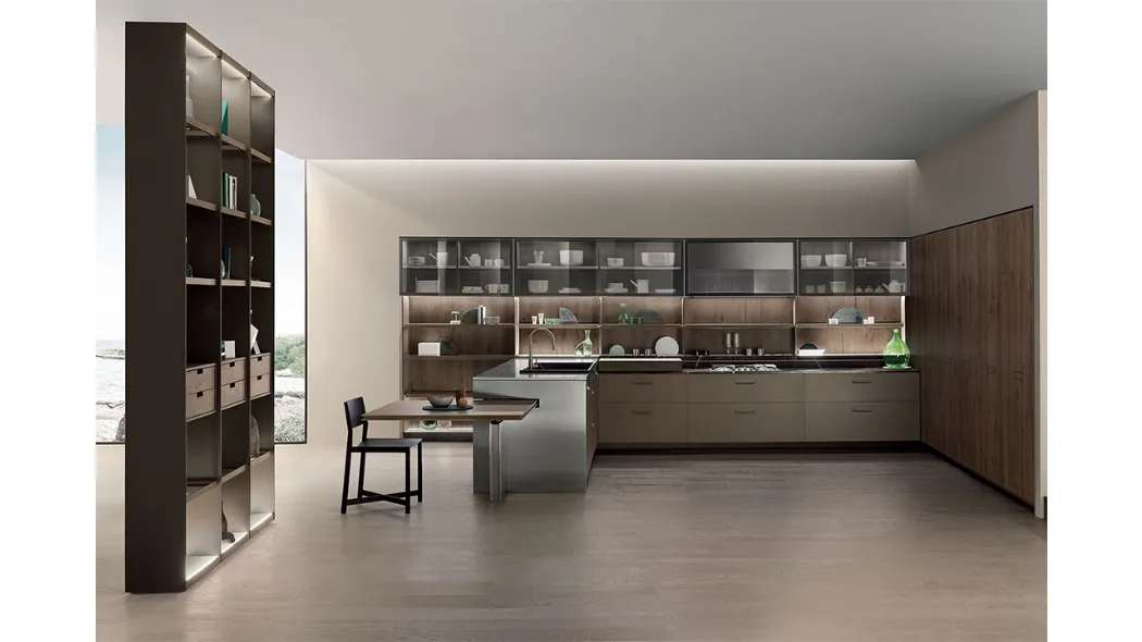 Cucina Design con penisola Soul 02 in rovere d'ombra nodato e laccato opaco di Ernestomeda