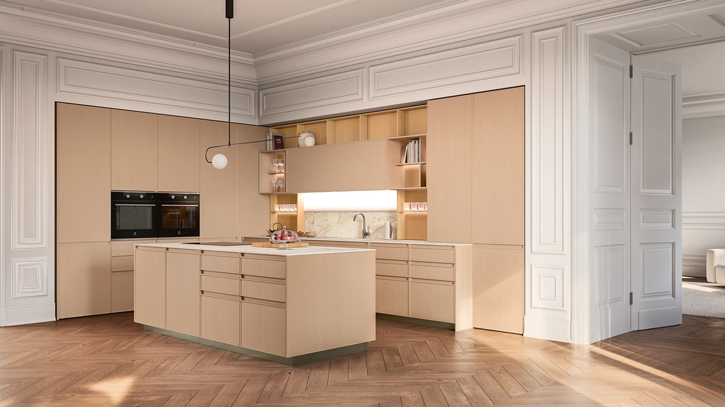 Cucina Moderna con isola Sakura 14 in Frassino laccato Nude di Veneta Cucine
