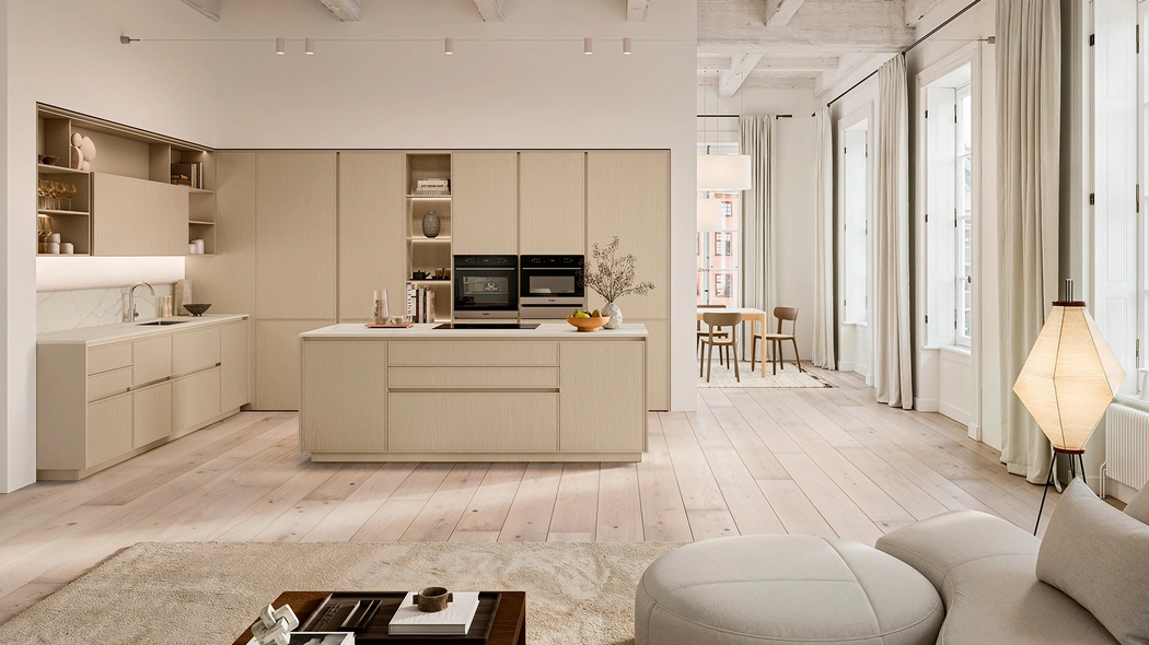 Cucina Moderna con isola Sakura 04 in Frassino laccato Beige di Veneta Cucine